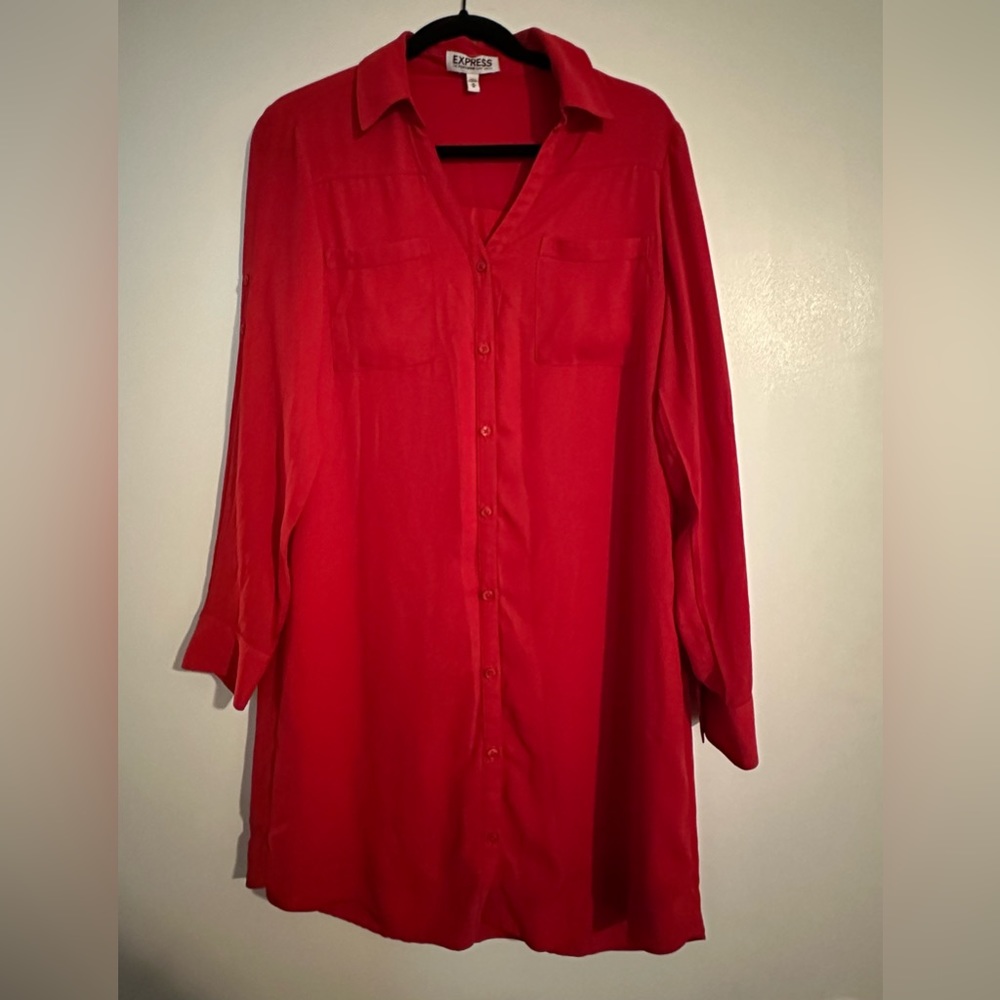 Express Portofino Shirt Dress - Button Down - Red - Chiffon (missing belt)